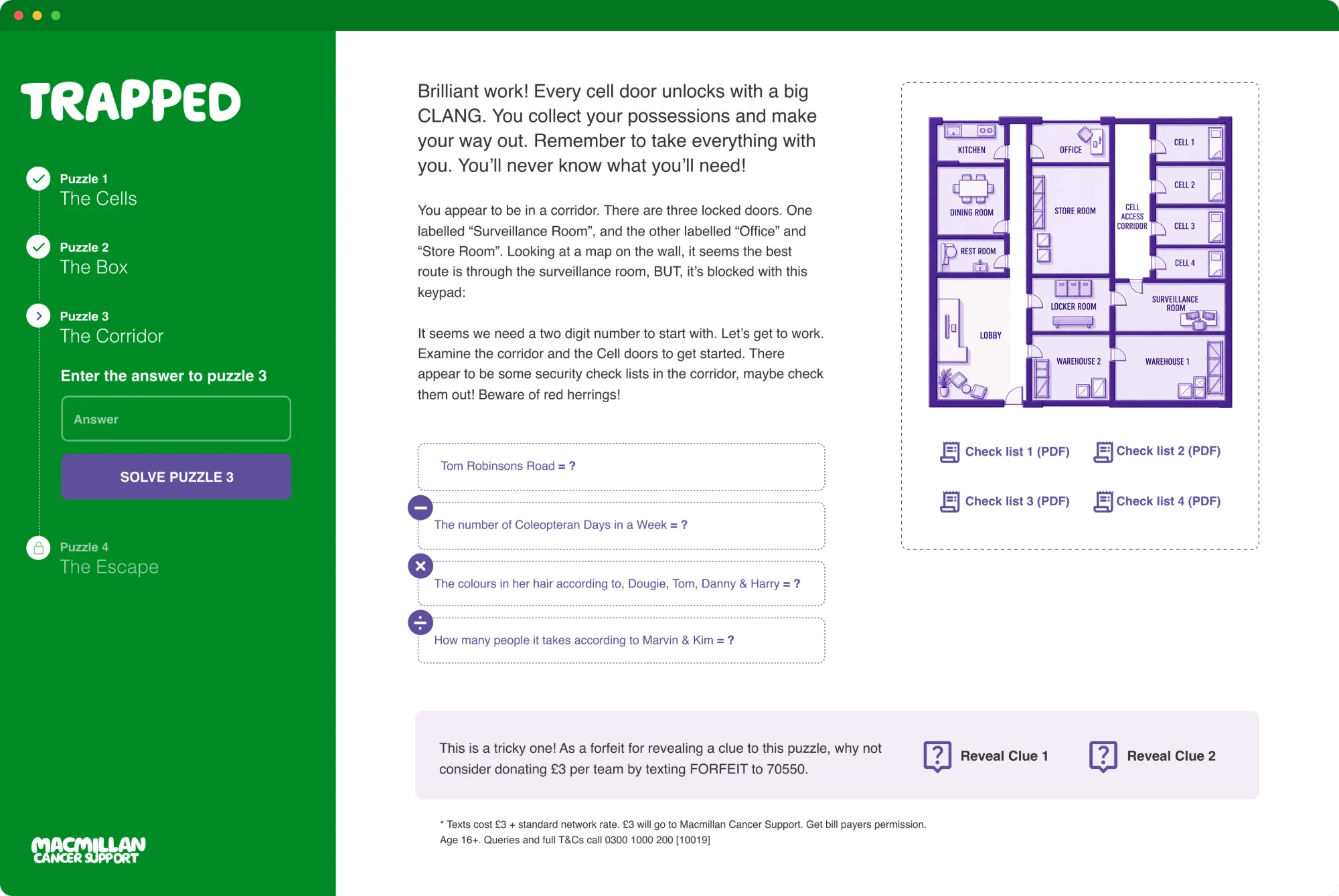Trapped, puzzle 3: the corridor, with the floor plan, security check lists and the option to reveal a clue for a donation