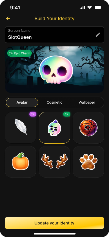 Build Your Identity screen choosing the epic skull avatar from collected charms