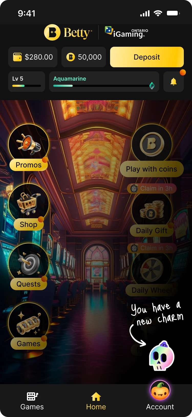 Betty lobby with a note pointing to the new skull charm, above the player’s pumpkin avatar on the Account tab