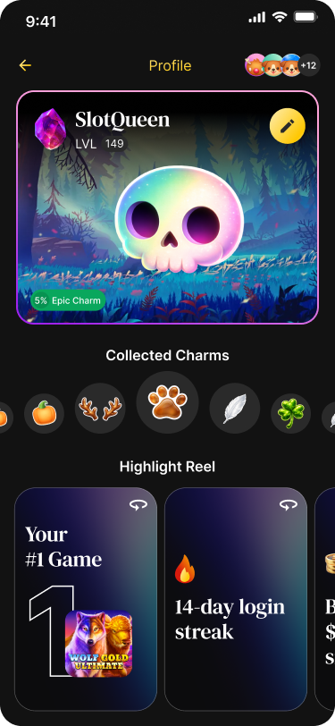Profile screen with the skull avatar, level and collected charms